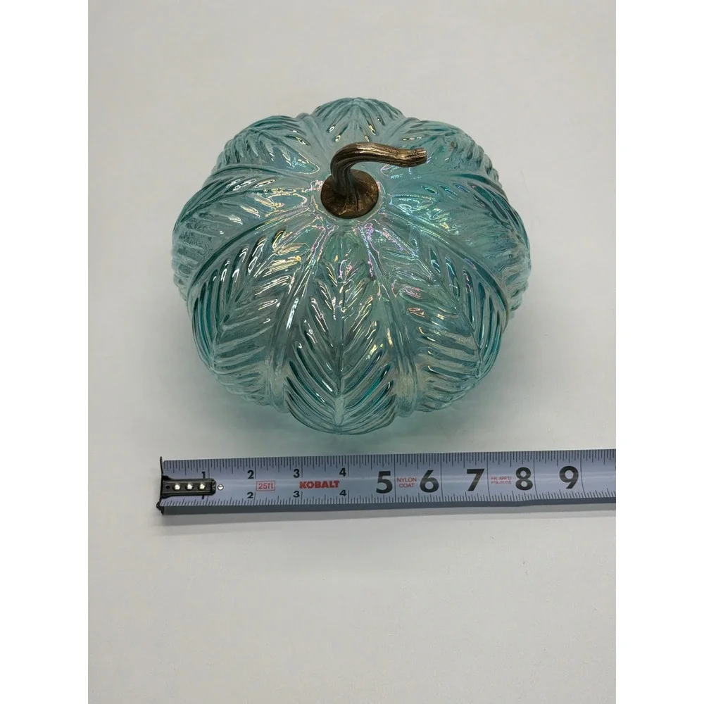 Iridescent Blue Glass Light Up Pumpkin Leaf Pattern Bronze Stem 7.5 inch Decor